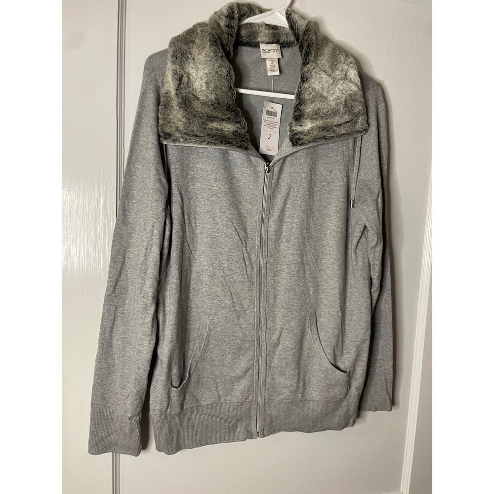 Zenergy by Chico's Gray Faux Fur Collar Full Zip Penny Lane Sweater Winter large
